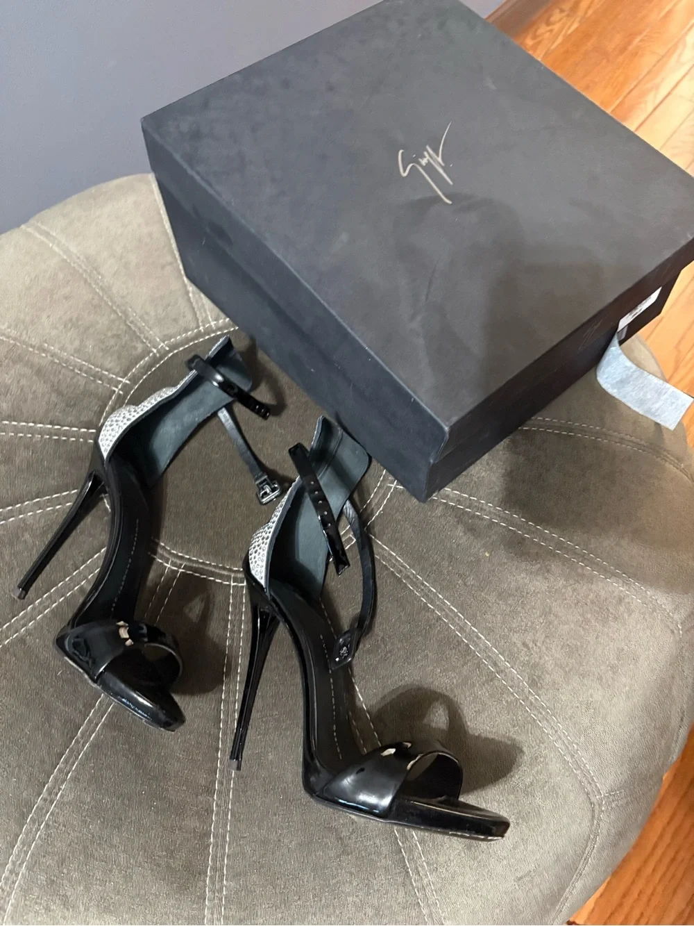 Giuseppe Zanotti Black Patent Stiletto Sandals with Crystal Lightning Detail